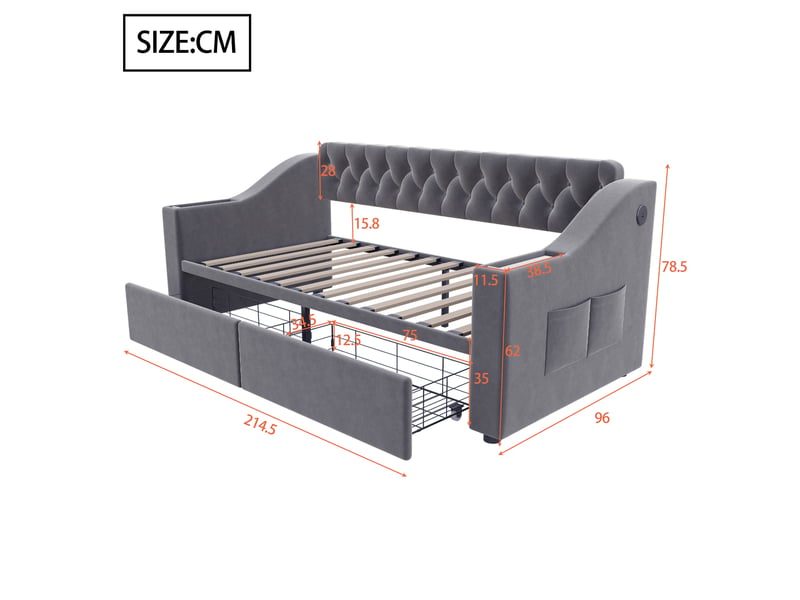  Canapé-lit 90x190 cm - 2 tiroirs de rangement - accoudoirs avec rangement et usb - velours - gris foncé  - Conforama C