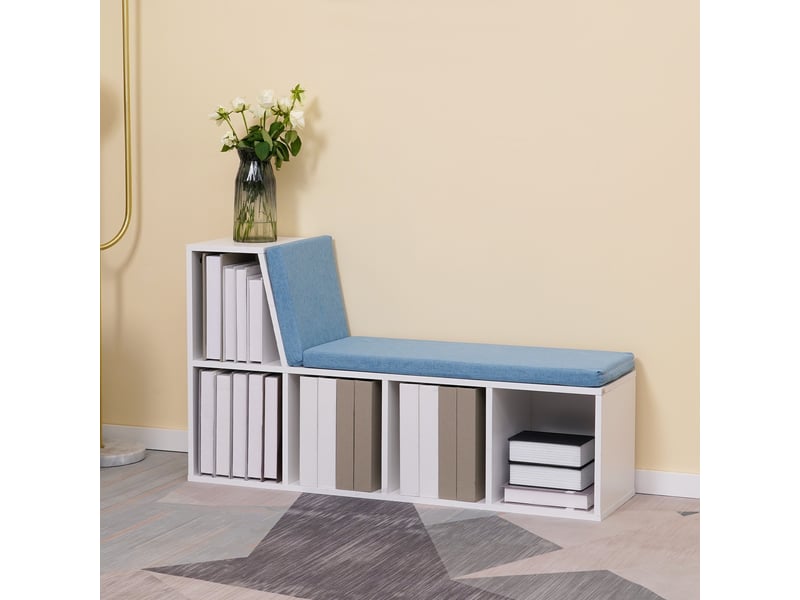  Bibliothèque banc 2 en 1 avec 5 compartiments de rangement et 2 coussins 108 x 30 x 60 cm blanc bleu  - Conforama C