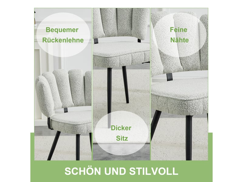  Lot de 2 chaises de salle à manger à dossier fleur  - assise rembourrée tissu bouclette gris clair et métal noir  - Conforama E
