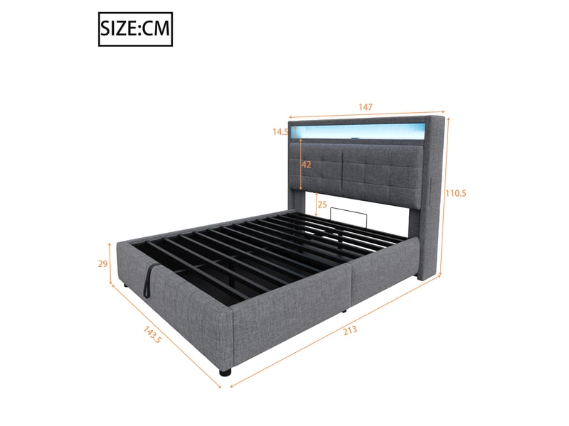 Lit coffre 140 x 200 cm gris, éclairage led, port usb, rangement hydraulique et revêtement lin  - Conforama B