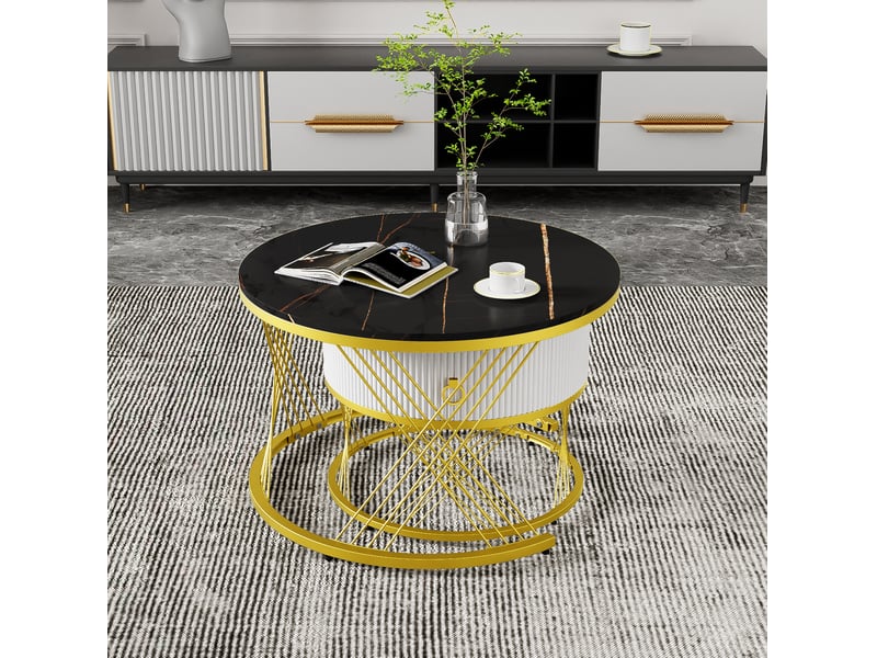  Table basse ronde d70xh45+d50xh40cm, table gigogne, tiroir, motif marbre en mdf, noir+coloris blanc  - Conforama D