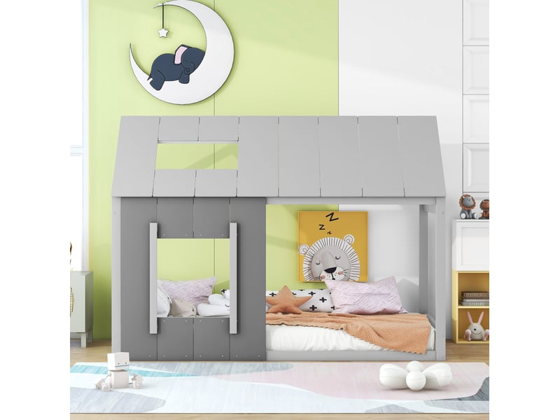  Lit cabane enfant 90 x 200 cm en pin et mdf avec toit et fenêtres, gris foncé et clair  - Conforama D