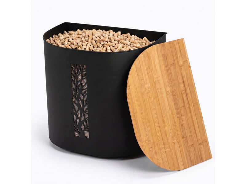 Casabel réservoir pellets & granulés avec roulettes, cap. 30kg, métal noir, couvercle bambou, pour poêle à granulés - Conforama A