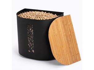 Casabel réservoir pellets & granulés avec roulettes, cap. 30kg, métal noir, couvercle bambou, pour poêle à granulés