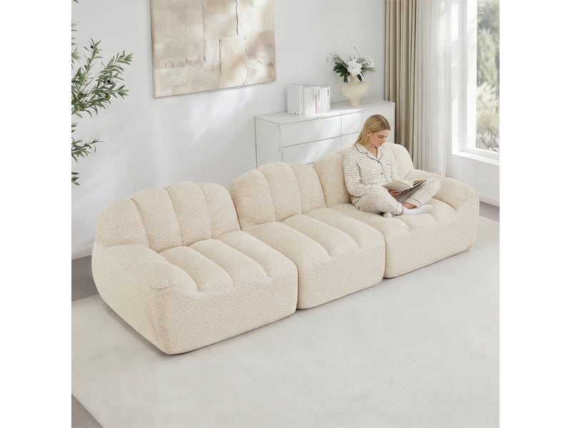  Canapé droit coquille 3 places bouclette beigeblanc – 288 x 104 x 79 cm Fay Lum - Conforama D