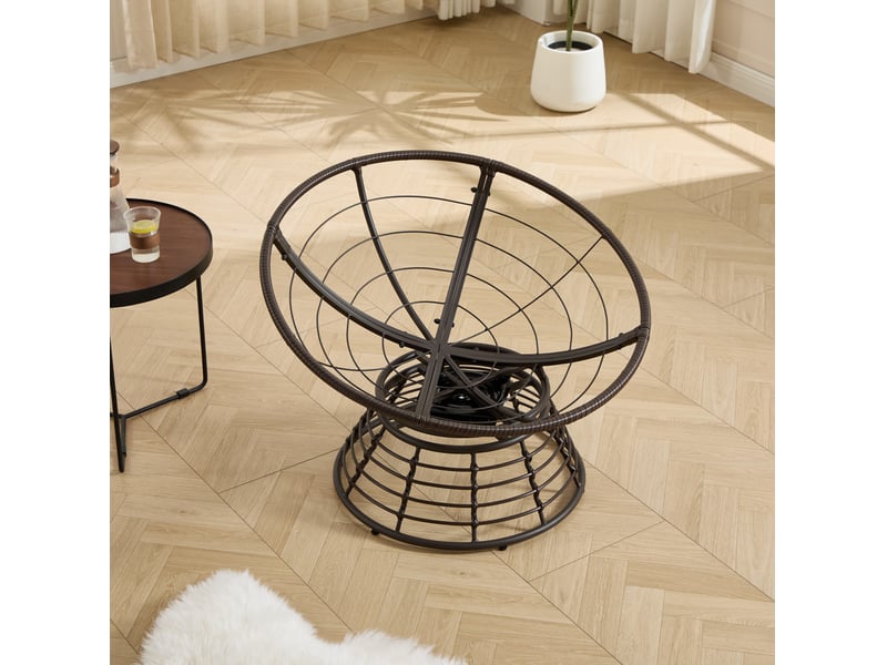  Fauteuil papasan pivotant 360° en résine tressée, coussin gris en velours côtelé pour salon et extérieur  - Conforama D