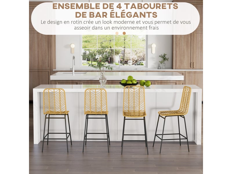  Lot de 4 tabourets de bar avec dossier en cannage et repose-pieds cadre en acier 42,5x52x102cm jaune  - Conforama E