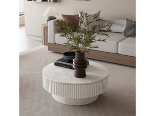 Table basse ronde de rangement avec couvercle -  structure nervurée, mdf et bois massif - blanc rétro