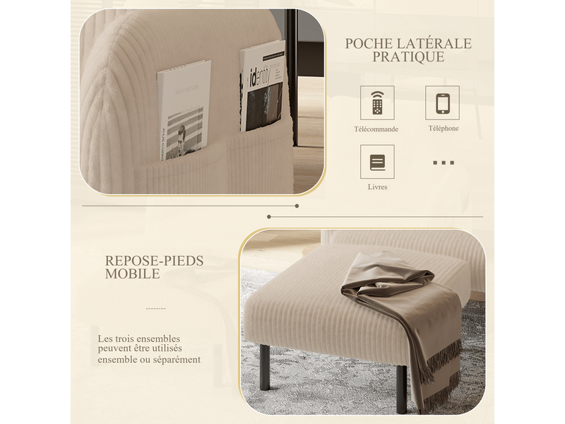  Canapé droit 2 places en velours côtelé beige 120 x 75 x 79 cm avec poches latérales, salon bureau chambre 120x75x79cm - Conforama R