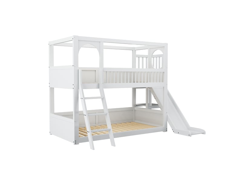Lit superposé enfant, 90x200 cm, lit cabane avec toboggan et escalier de rangement, blanc - Conforama A