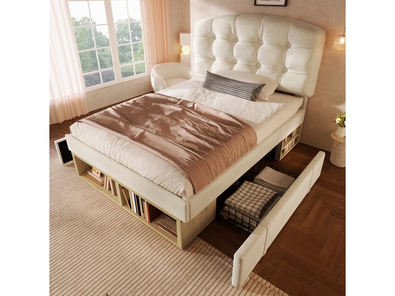 Lit enfant 90x200 cm avec tête de lit réglable, tiroirs, compartiments de rangement et sommier à lattes, velours beige - Conforama B