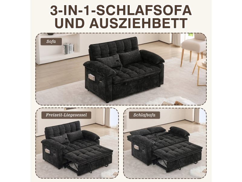 Canapé convertible 3 en 1 142 cm, dossier réglable 5 positions, rangement, porte-gobelet et support téléphone 360°, chenille - noir - Conforama D
