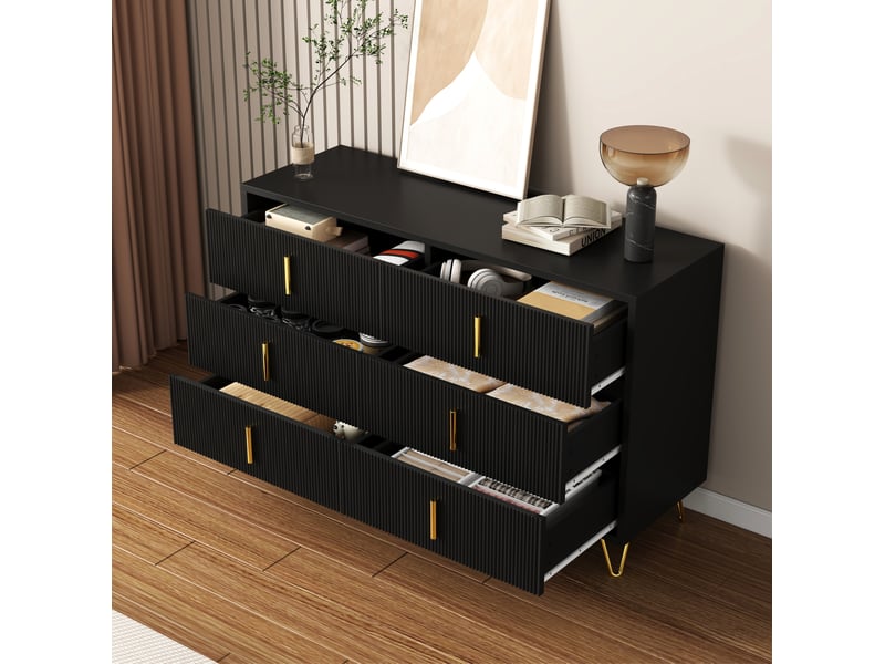  Commode bas 120x77x40 cm 6 tiroirs design moderne surface ondulée poignées pieds dorés panneau particules noir et doré  - Conforama W