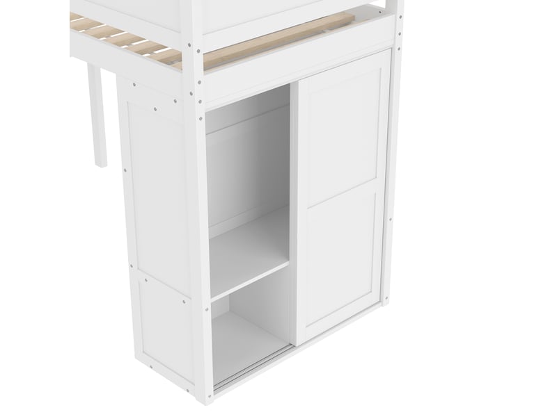  Lit mezzanine enfant 200×90 cm avec armoire, compartiment de rangement et espace ouvert, sans matelas, blanc  - Conforama E