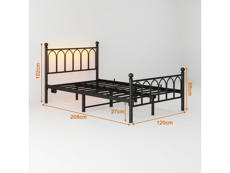  Lit adulte 120 × 200 cm 1 place avec led réglable, 2 ports usb et prise, sans matelas, en métal noir  - Conforama D
