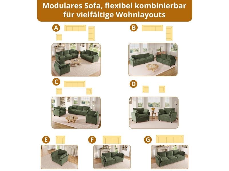  Ensemble canapés modulables 3-2-1 en tissu chenille vert, avec coussins, rembourrage moelleux, sans montage N653P402Q-123 - Conforama E