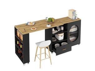 Îlot de cuisine mobile 120 à 180 x 60 x 90 cm - porte en verre cannelé - 1 tiroir - plateau pivotant à 360 degrés - naturel et noir