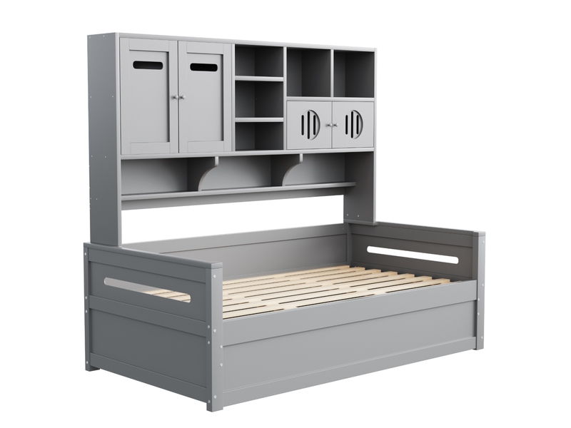 Lit simple enfant 90x200 cm – gris – coffre hydraulique et rangements intégrés en tête, sans matelas - Conforama D