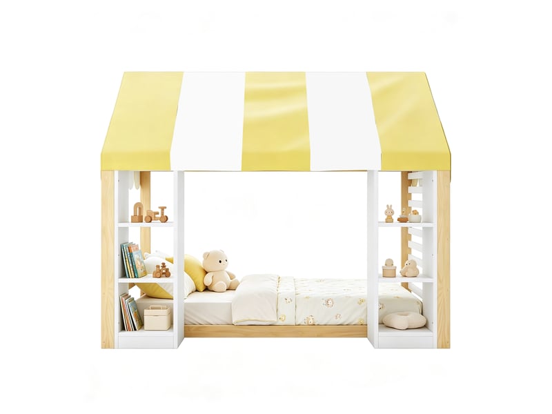  Superbe lit enfant 90x200 lit à baldaquin, lit avec rangement ouvert pour chambre, design cabane couleur blanc et naturel.  - Conforama A