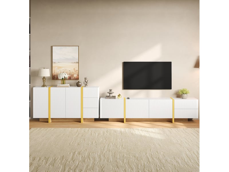  Ensemble meuble tv et buffet blanc à façades rainurées – mdf et panneaux de particules – 190 x 35 x 45 cm 140 x 36 x 75 cm  - Conforama B