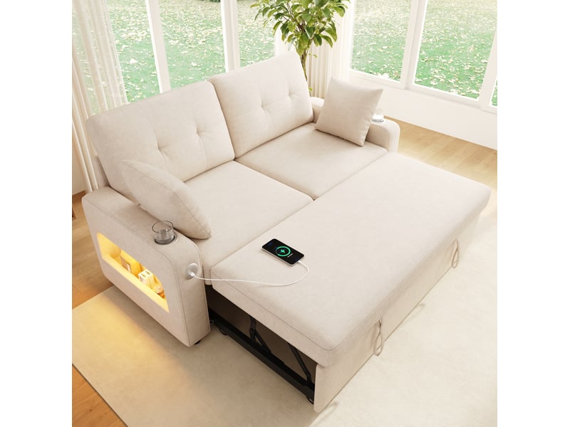  Canapé-lit 2 places beige avec led, ports usb et type-c, rangements et porte-gobelets  - Conforama E