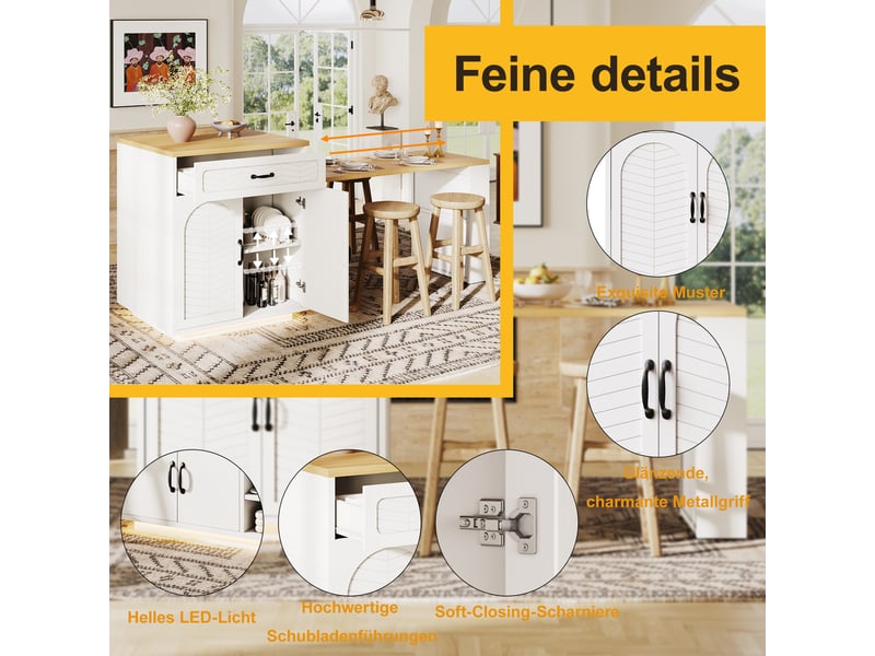  Îlot de cuisine noirblanc avec led, table extensible, 2 tiroirs, 4 portes, buffet et desserte fixe pour cuisine  - Conforama C