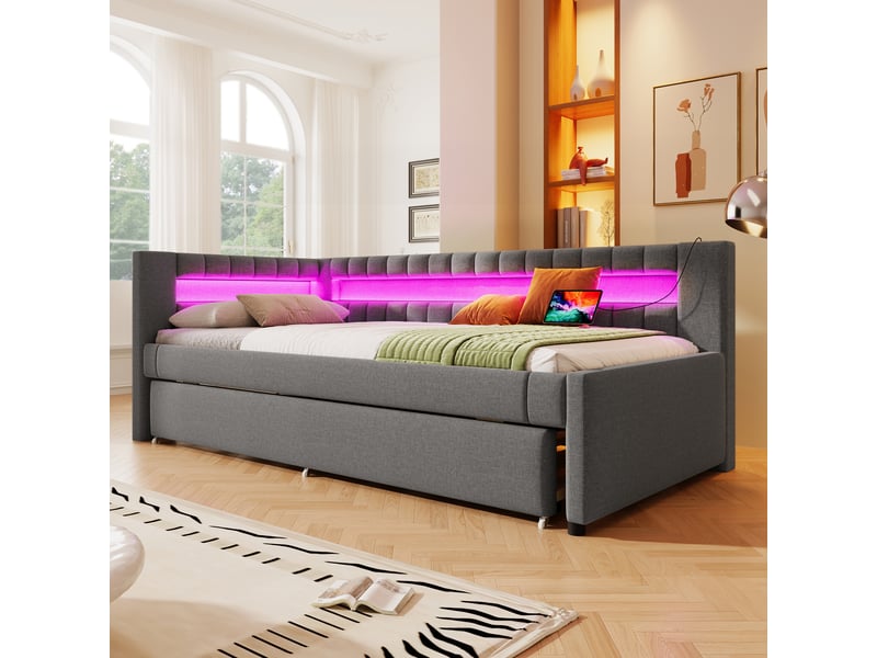  Lit en lin grisé 100x212 cm  - Conforama D