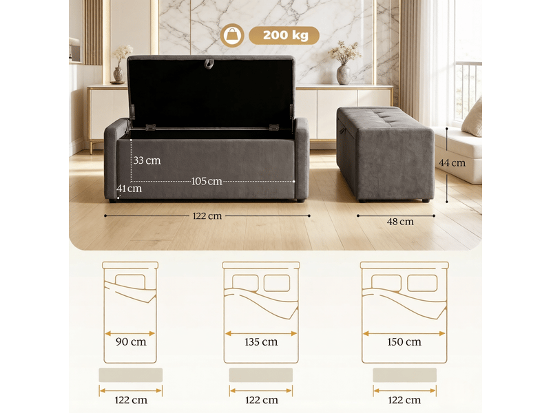 Banc de rangement capitonné avec coffre tissu gris foncé 122 x 48 x 44 cm  - Conforama C