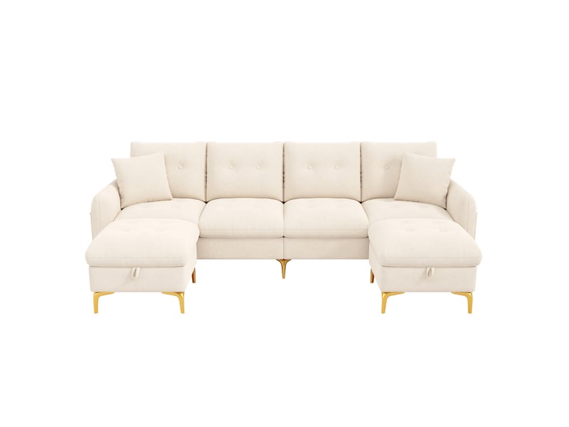 Canapé d'angle convertible modulaire 4 places en chenille beige avec 2 poufs de rangement - Conforama A