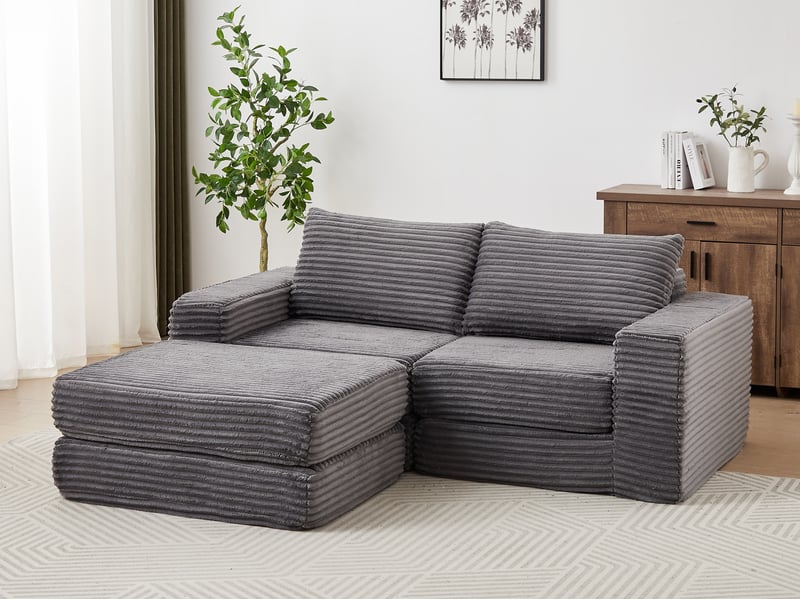 Canapé d’angle modulable en velours côtelé – accoudoirs carrés et 2 coussins inclus, 74×194×169.5 cm, gris - Conforama B