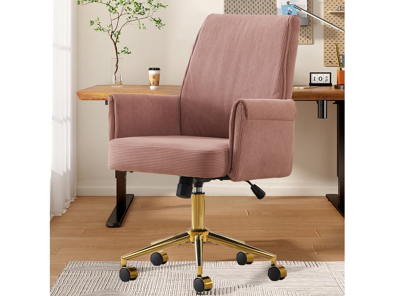  Fauteuil de bureau réglable en hauteur en velours côtelé rose, base métal doré et soutien lombaire ergonomique  - Conforama E