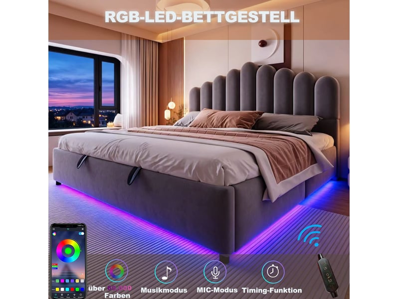  Lit double 180 × 200 cm avec coffre hydraulique, tête de lit matelassée et led, en velours gris pour chambre  - Conforama E