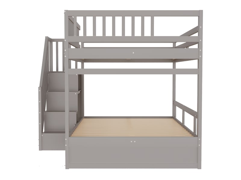 Lit superposé enfant 140x200 cm – gris – escalier de rangement, tiroir inférieur et sommier, sans matelas - Conforama E