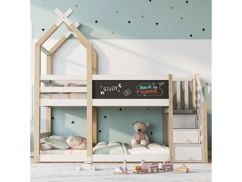  Lit superposé enfant  90x200- lit cabane - tableau noir 123x20cm - escalier rangement - 3 coffres - garde-corps - blanc et naturel  - Conforama A