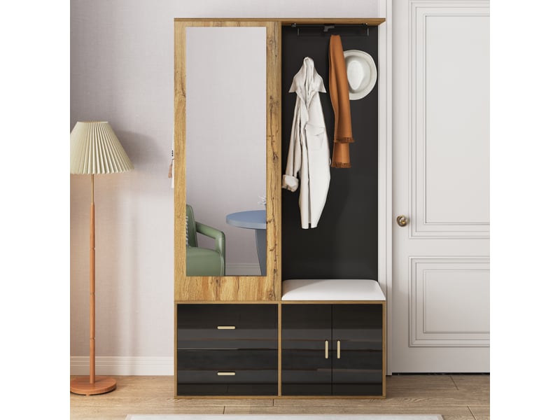  Ensemble vestiaire noir et bois avec miroir, meuble à chaussures, banc, crochets et tringles coulissantes  - Conforama D