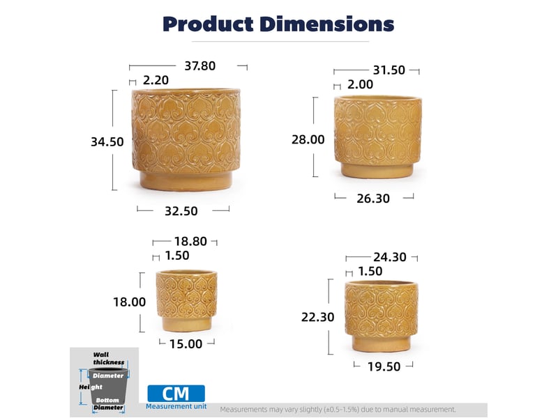  Lot de 4 pots de fleurs 38x38x35 cm, diamètres 3831,52419 cm, céramique, jaune chaud  - Conforama C