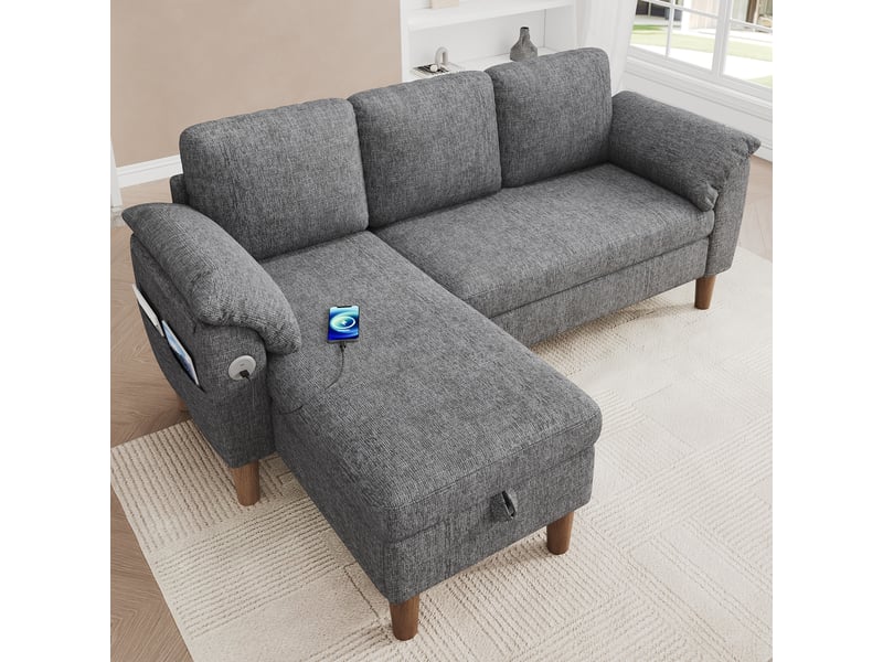  Canapé d'angle xxl 3 places 181x125 cm avec méridienne réversible, rangement intégré, usb et usb-c, tissu chenille - gris clair OPULERANE TRADING LTD - Conforama E