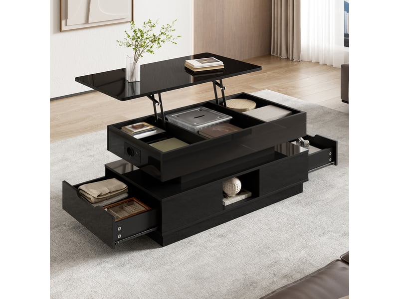 Table basse relevable noire brillante 90 x 48 cm avec rangement, led et prise intégrée - Conforama R