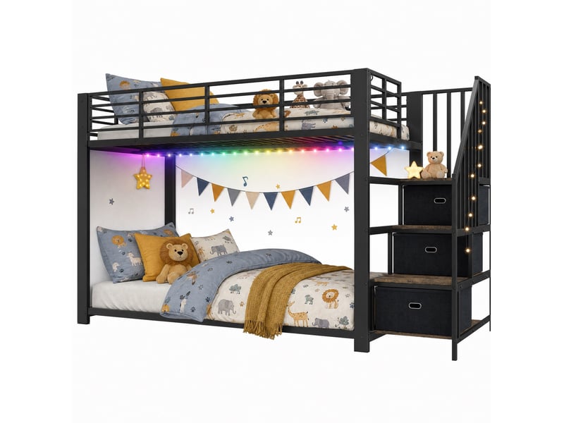 Lit superposé 90x200 cm avec escalier de rangement led et usb, métal noir, sans matelas - Conforama A