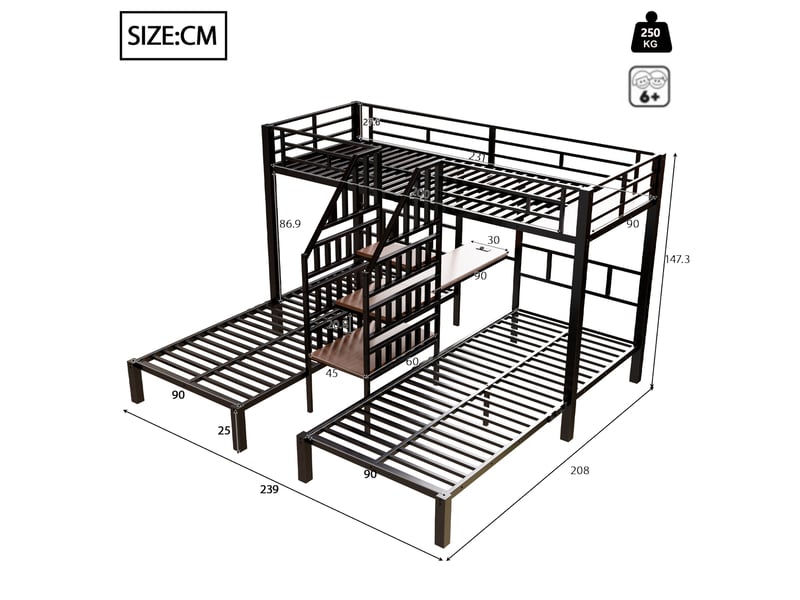 Lit mezzanine 90 x 200 cm, lit enfant surélevé, bureau intégré, étagères ouvertes, éclairage led, connectique usb, échelle, métal, noir Morn Vibe - Conforama C