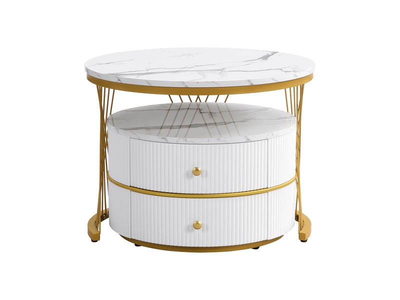  Ensemble élégant de 2 tables basses gigognes blanches, 60 x 60 x 46 cm et 50 x 50 x 30,8 cm, tables rondes aspect marbre brillant, 2 tiroirs, capacité de charge jusqu'à 30 kg, combinaison de tables basses gigognes  - Conforama E