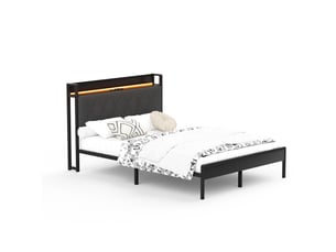 Lit double 140 × 190 cm avec tête de lit rembourrée, led, prises et rangement ouvert noir et gris pour chambre à coucher