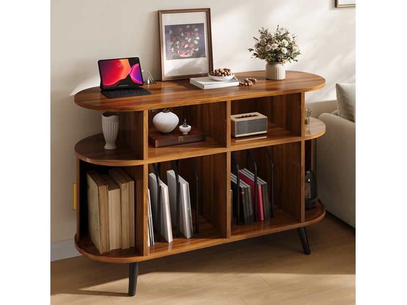  Buffet hifi 110x40x76 cm – noyer – rangement vinyles, portes coulissantes, passe-cables et station de charge  - Conforama B