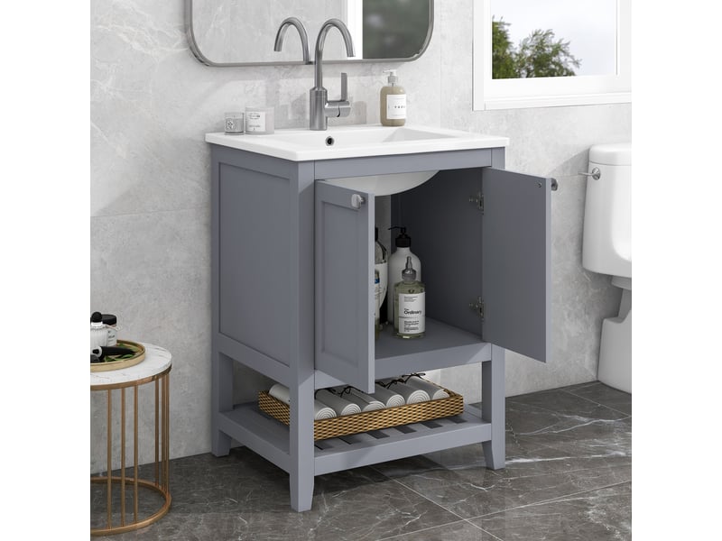  Meuble salle de bain avec vasque céramique 60 cm - sur pied gris clair avec rangement  - Conforama B