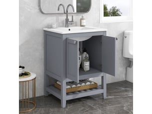 Meuble salle de bain avec vasque céramique 60 cm - sur pied gris clair avec rangement