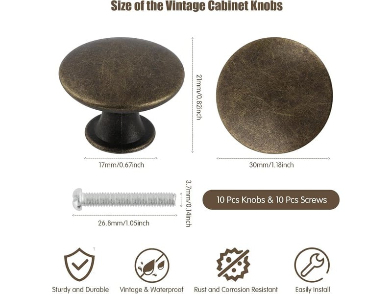  Pack de 10 poignées de porte en bronze antique 35 mm, poignées rondes vintage pour commodes et tiroirs avec 10 vis  - Conforama D