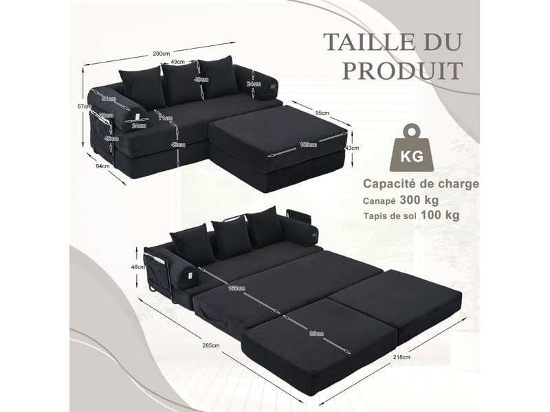  Canapé modulable 3 places avec poche latérale, 3 coussins et assise confortable en corduroy noir  - Conforama E
