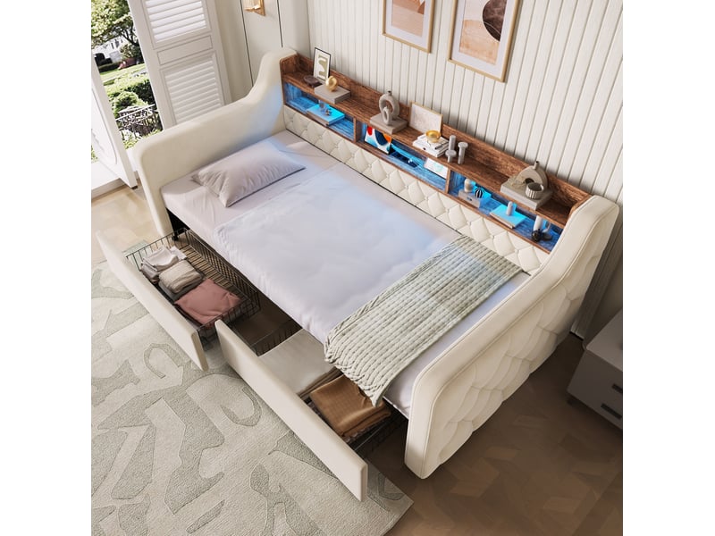  Lit simple 90x190 cm avec led et rangement en velours beige  - Conforama C