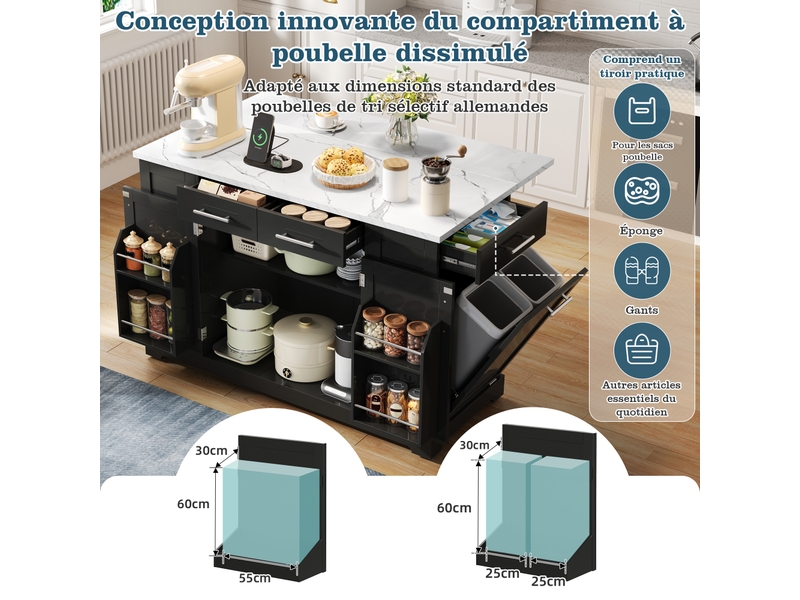  Îlot de cuisine armoire buffet chariot coulissant roulettes deux côtés étagère épices deux portes deux tiroirs noir et marbre  - Conforama E