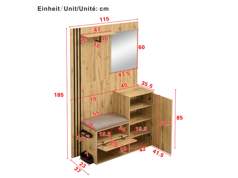  Meuble d’entrée 185 cm, meuble mural de salon, étagère, armoire, meuble à chaussures, miroir, mdf, couleur bois clair  - Conforama C